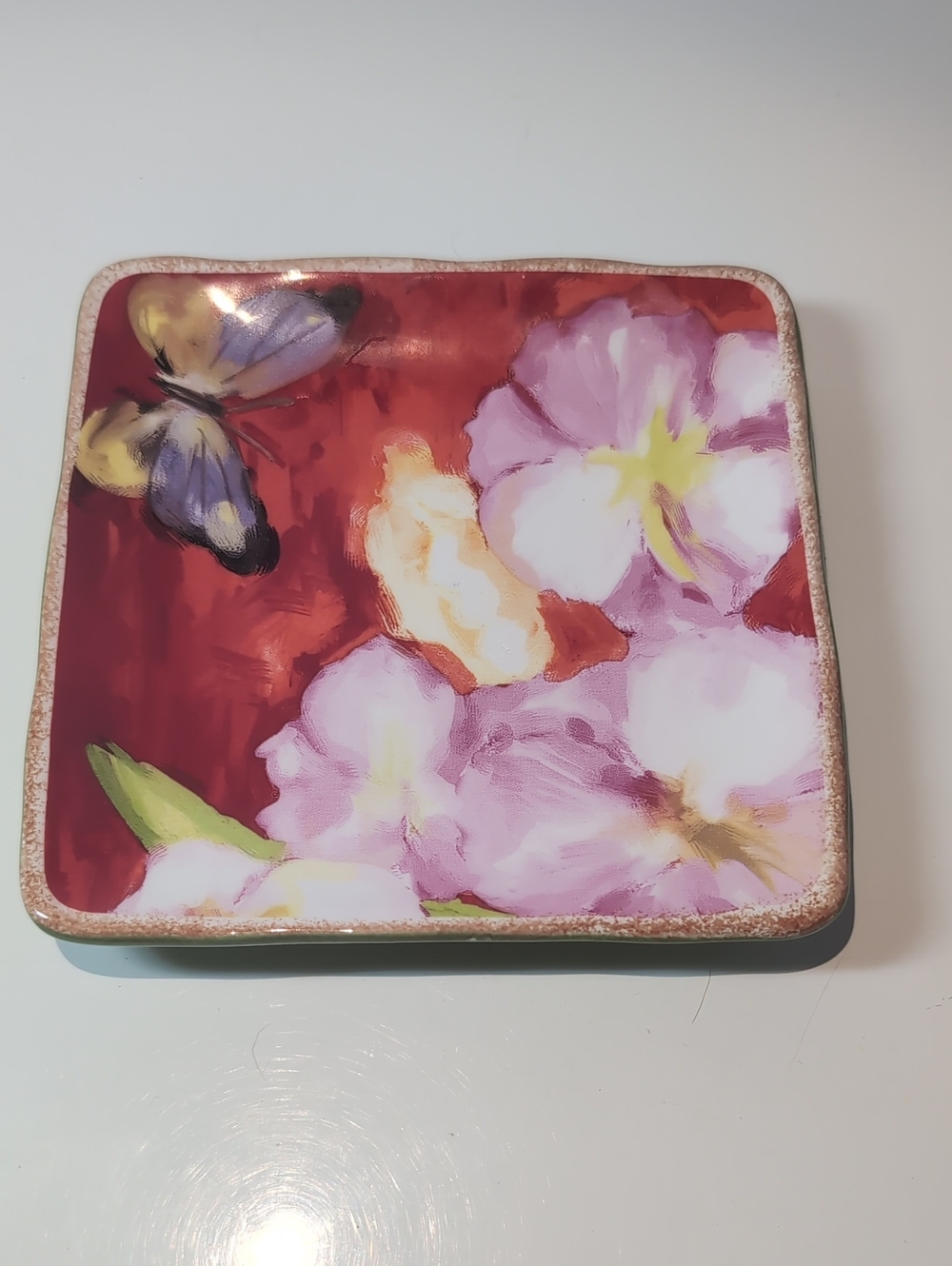 Cracker Barrell 5" Floral Butterfly Ceramic Trinket Dish - Red and Pink
